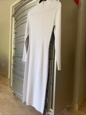 Michael Kors White Ribbed Long-Sleeve Midi Dress with Logo Side Trim